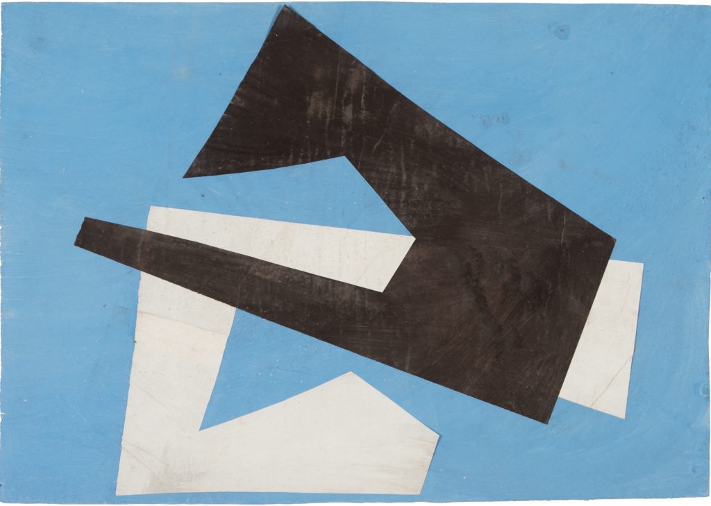 Artwork by Hermann Glöckner, Schwarz über Weiß auf Blau, Made of Tempera over paper collage on fine laid paper
