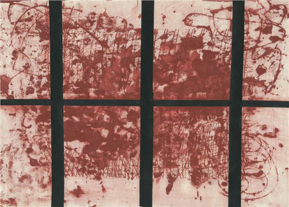 Rote Figuration mit vertikalen und horizontalen Überklebungen