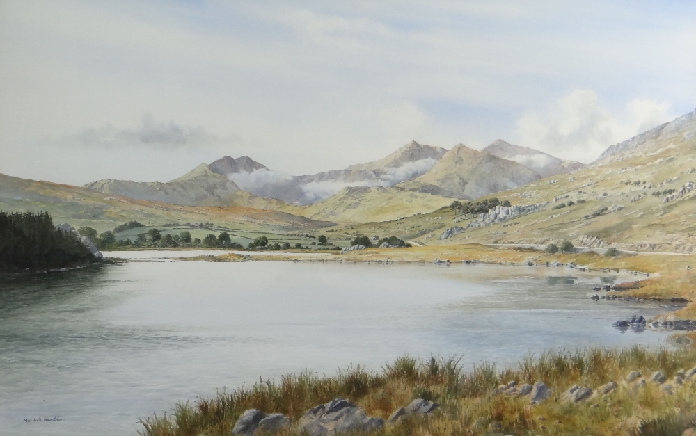 Artwork by Max A. S. Hamblen, Expansive scene of Llyn Mymbyr and the Snowdon horseshoe at Llanberis, Made of watercolour