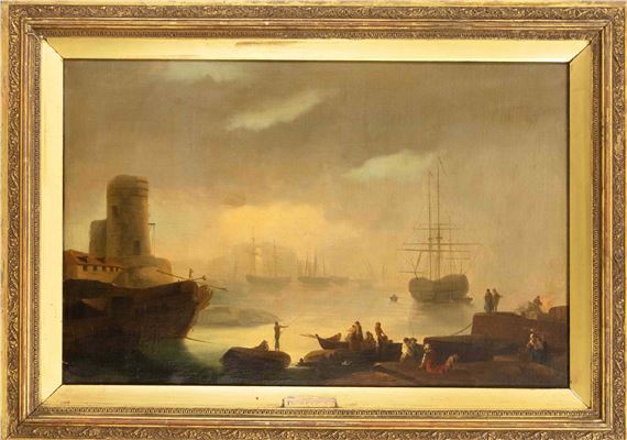 Circumference, harbour view in the hazy morning mist with rich staffage by Horace Vernet