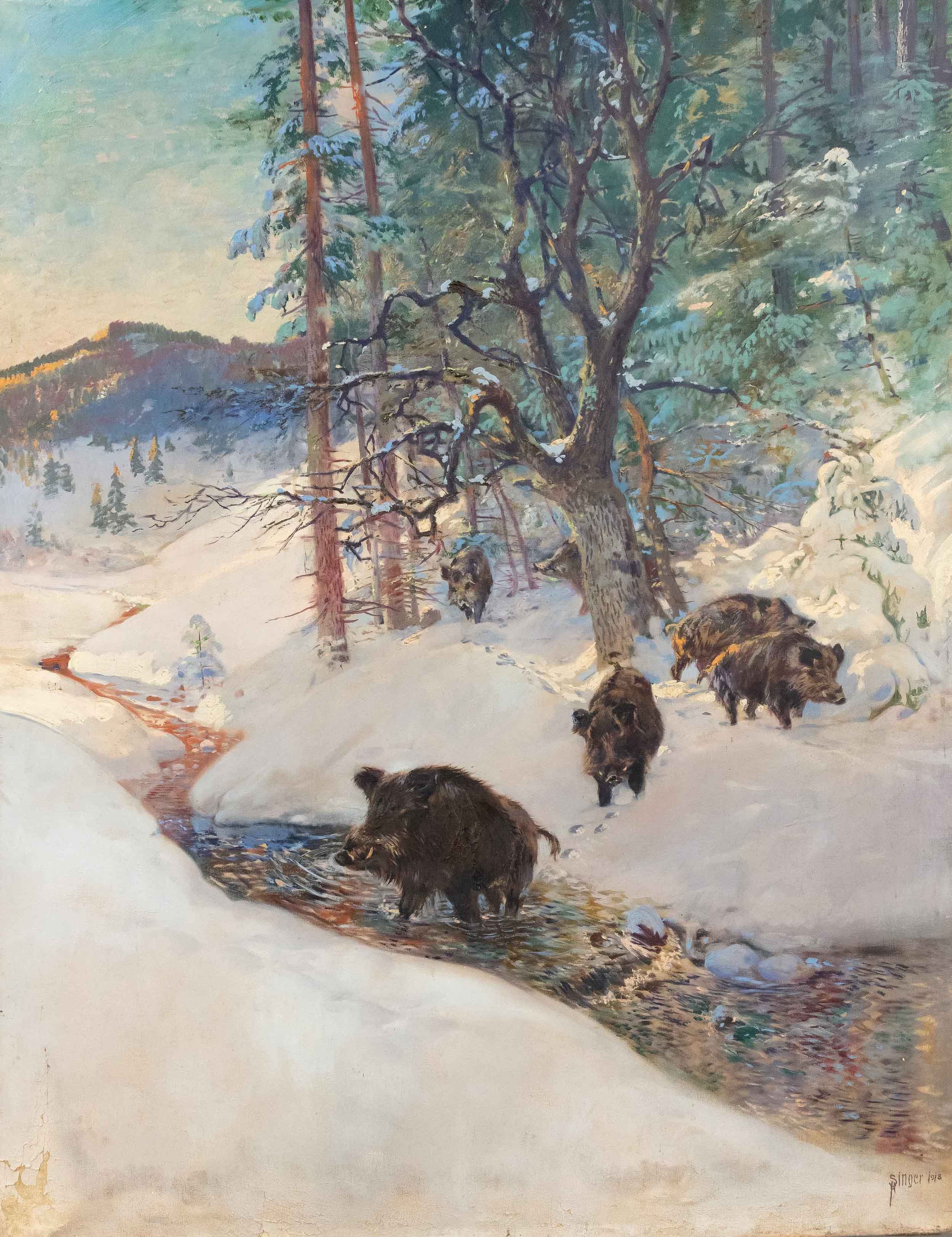 H. Singer | Large winter landscape with wild boar herd (1918) | MutualArt
