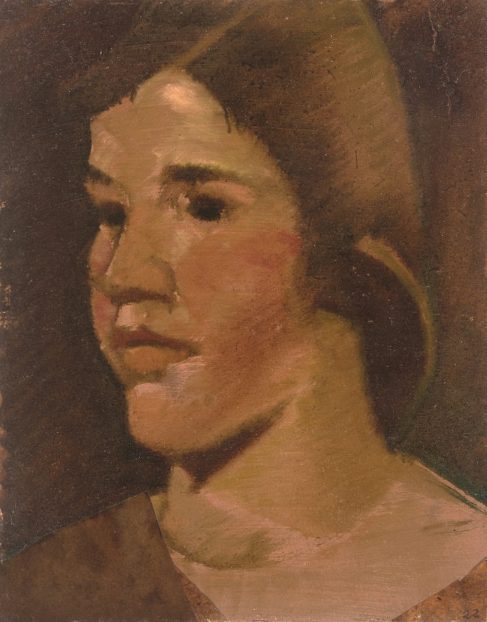 Artwork by Hermann Glöckner, Mädchenkopf, Made of Oil on cardboard and paper collage