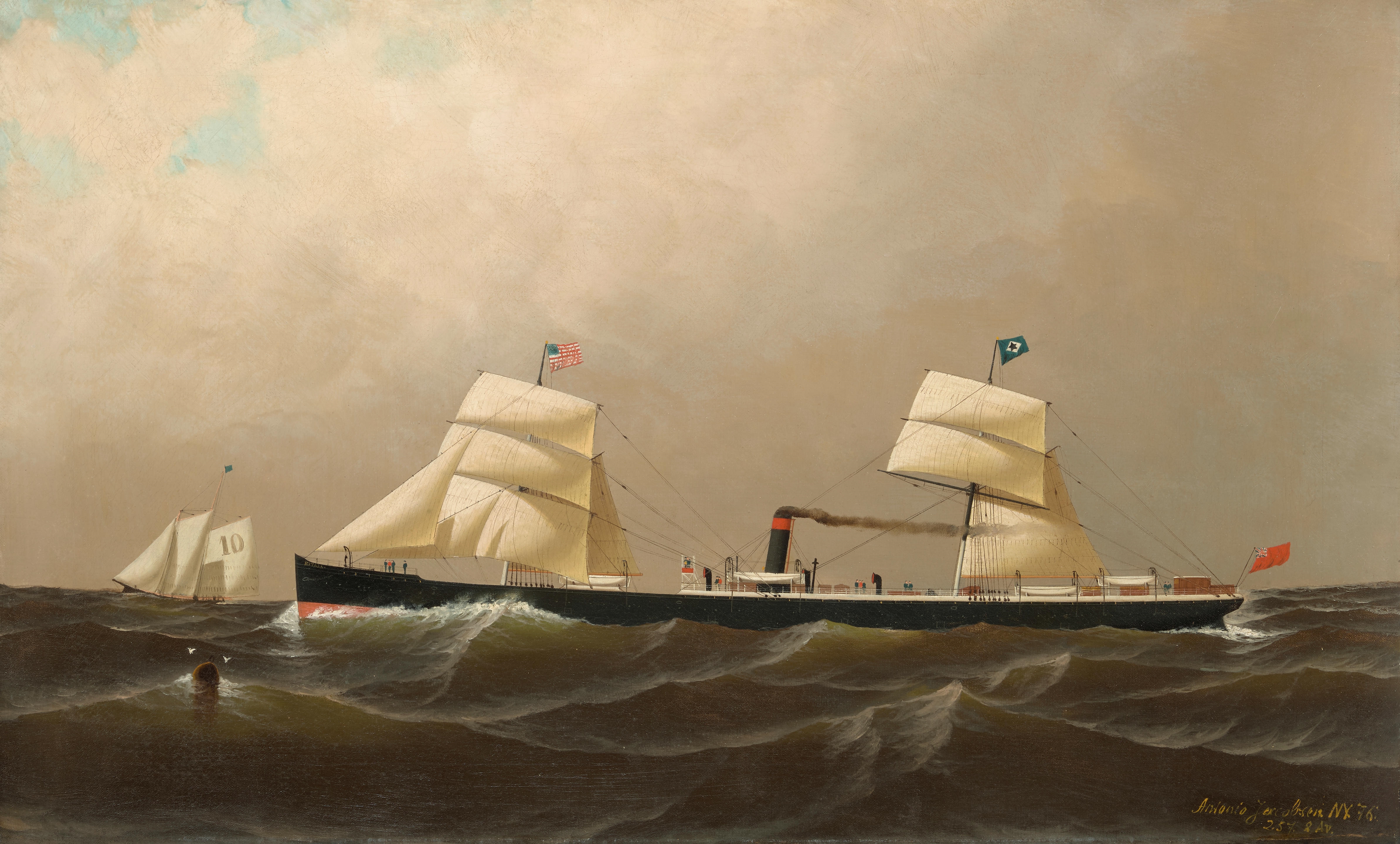 Artwork by Antonio Jacobsen, Guion Line Steamship Nevada Approaching New York City, Made of oil on canvas