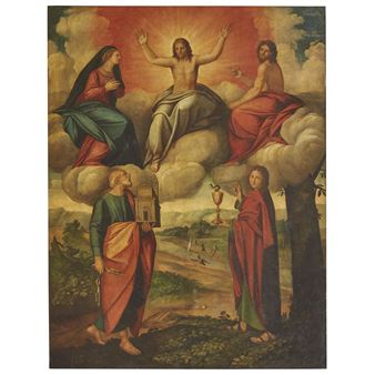 CHRIST BETWEEN THE VIRGIN AND ST. JOHN THE BAPTIST; ST. PETER AND ST. JOHN THE EVANGELIST IN A LANDSCAPE - Vincenzo Degli Azani