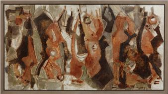 A dynamic abstract composition featuring a group of stylized, elongated figures in warm earth tones against a muted background.