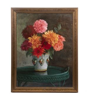 Life sized Still Life of Potted Zinnias on a Green Wicker Table - Mark S. Joffe