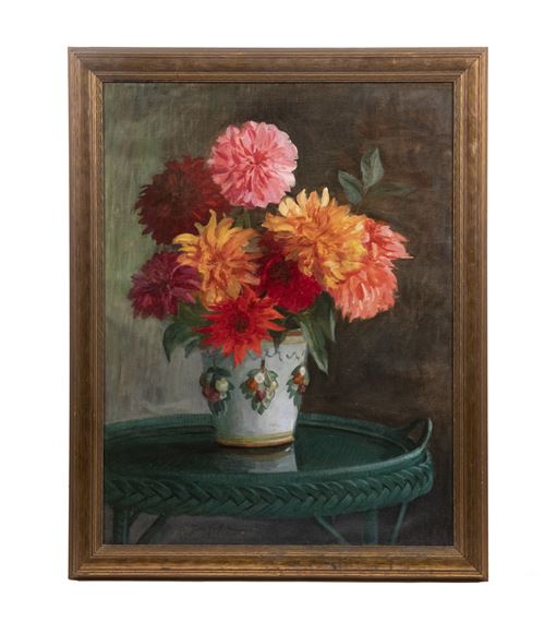 Life sized Still Life of Potted Zinnias on a Green Wicker Table - Mark S. Joffe