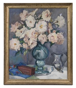 Still Life of Pink Roses with Cinnabar Box and Silver Pitcher - Isabelle S. Wengenroth
