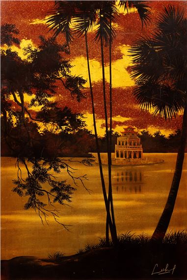 Turtle tower (Thap Rua) on Hoan Kiem Lake in Hanoi by Le Thy, Executed circa 1950