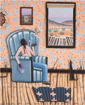 A person sits in a blue armchair smoking, looking out a window at a desert landscape.
