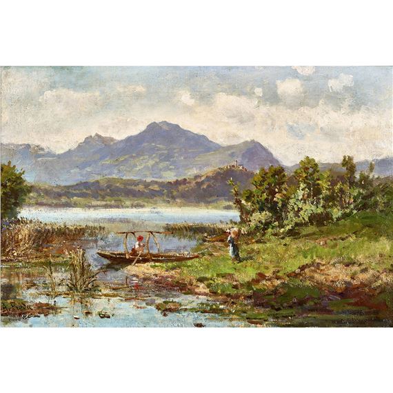 Uferpartie am Lago di Muzzano mit Fischer im Boot