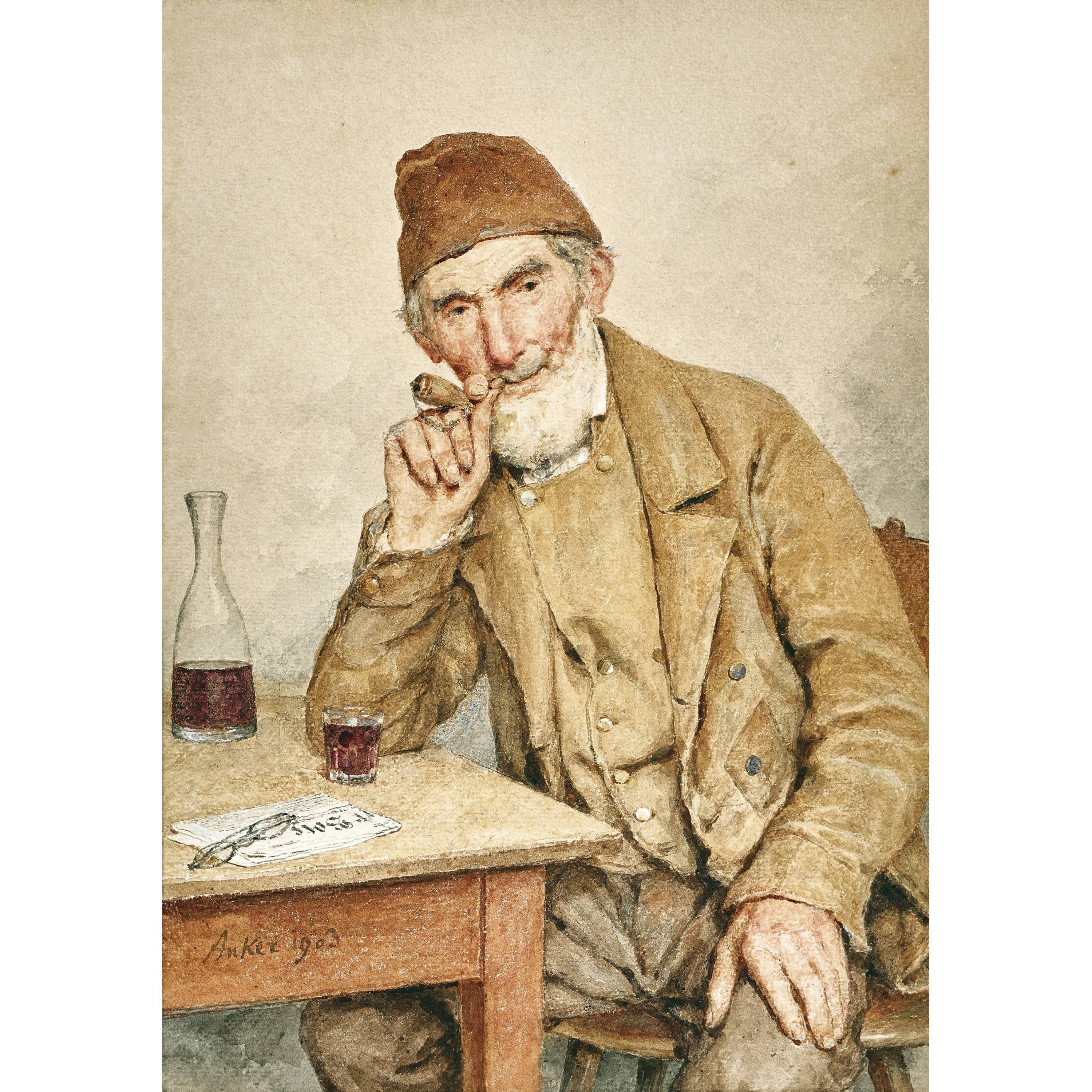 Sitzender Mann mit Pfeife und Glas am Tisch by Albert Anker, 1903