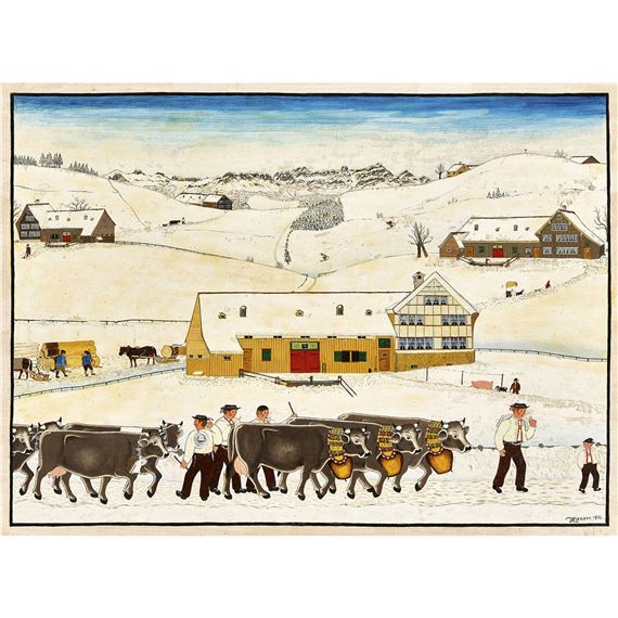Alpabfahrt im Schnee by Josef Manser, 1976