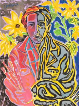 Artist's self-portrait in front of flowers - Cao Giang