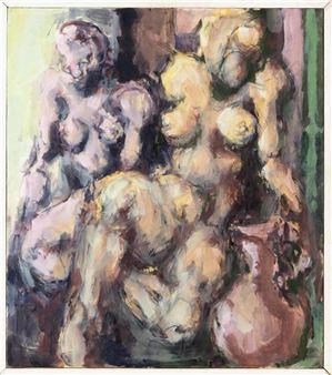 Two female nudes with jug in expressive manner - Hans Moller