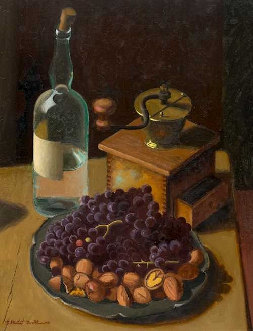 Still life with bottle, coffee mill and fruit bowl by Niklaus Stoecklin, 1940