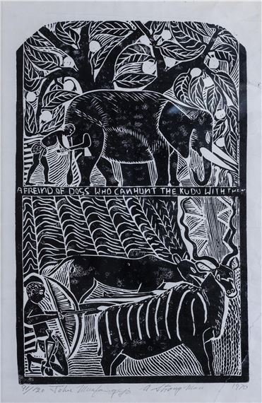 : A STRONG MAN by John Ndevasia Muafangejo, dated 1970