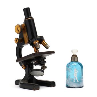 Cased Vintage Spencer Microscope and Mary Gregory Scent Bottle - Mary Gregory