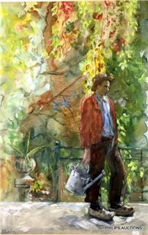 A man holding a watering can in a garden - Johanna Elisabeth Repelius