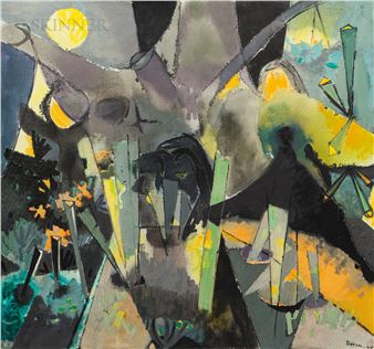 A chaotic abstract composition featuring a central dark figure surrounded by fragmented shapes and vibrant colors.