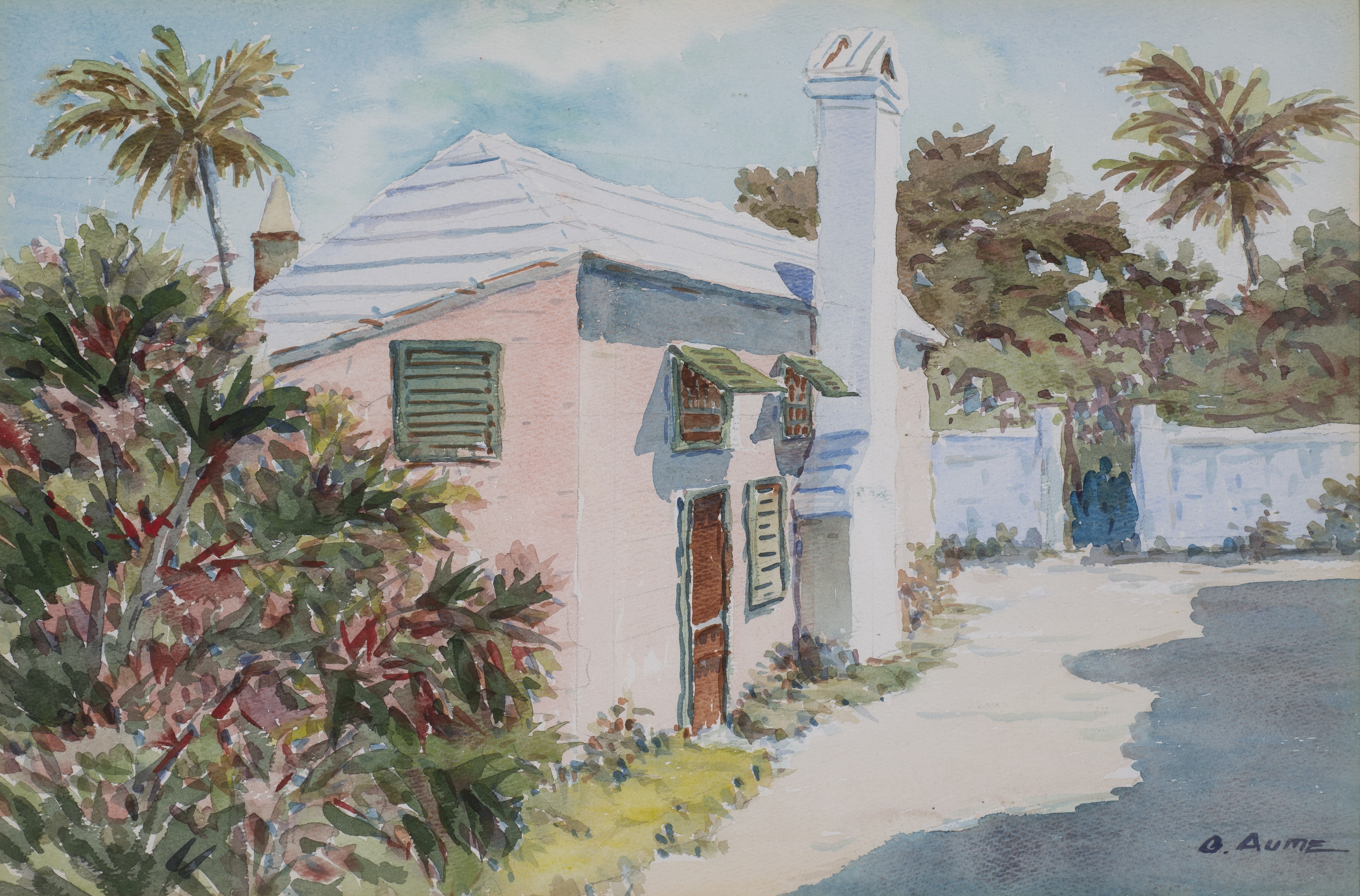Artwork by C. Aume, Beach House, Bermuda, Made of Watercolor on paper