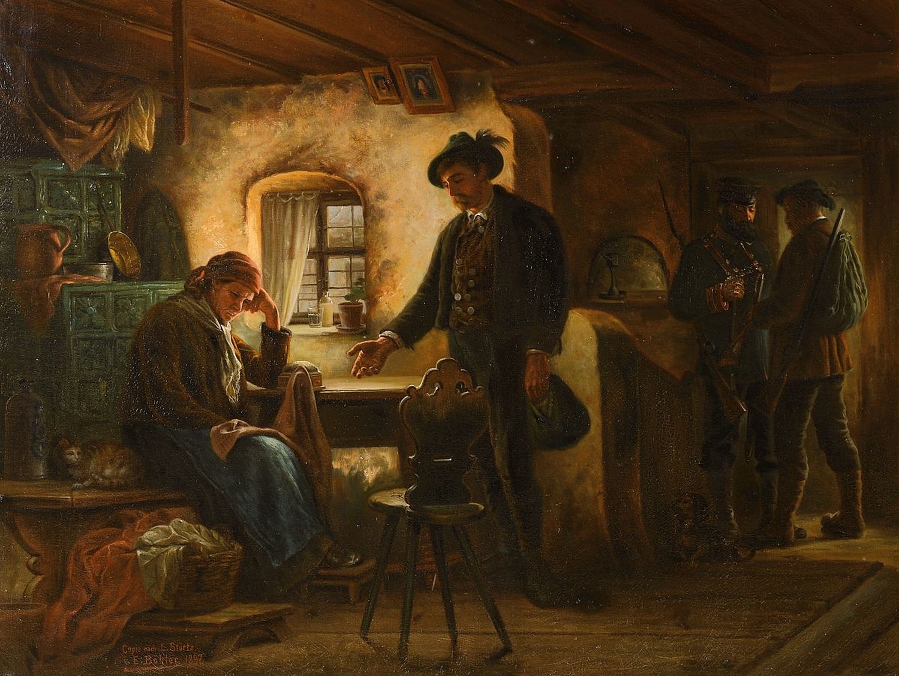 Artwork by E. Böhler, Rural interior, the sonleaves his mother, Made of oil / canvas