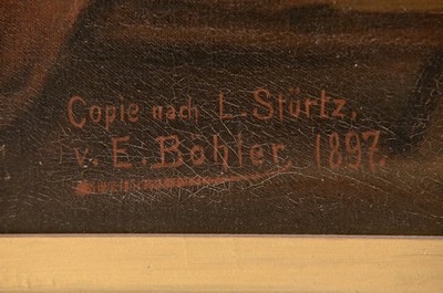 Artwork by E. Böhler, Rural interior, the sonleaves his mother, Made of oil / canvas