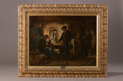 Artwork by E. Böhler, Rural interior, the sonleaves his mother, Made of oil / canvas