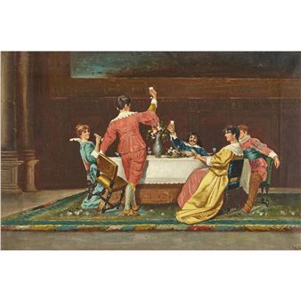 Vornehme Tischgesellschaft beim Heben der Gläser. - Francesco Tito