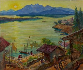 Village scene on a river - Orpha Klinker