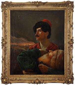 YOUNG GREEK MAN SUPPORTING HIS INJURED FATHER AFTER THE TUKISH ATTACK AND THE CITY FIRE - F. van de Winkel