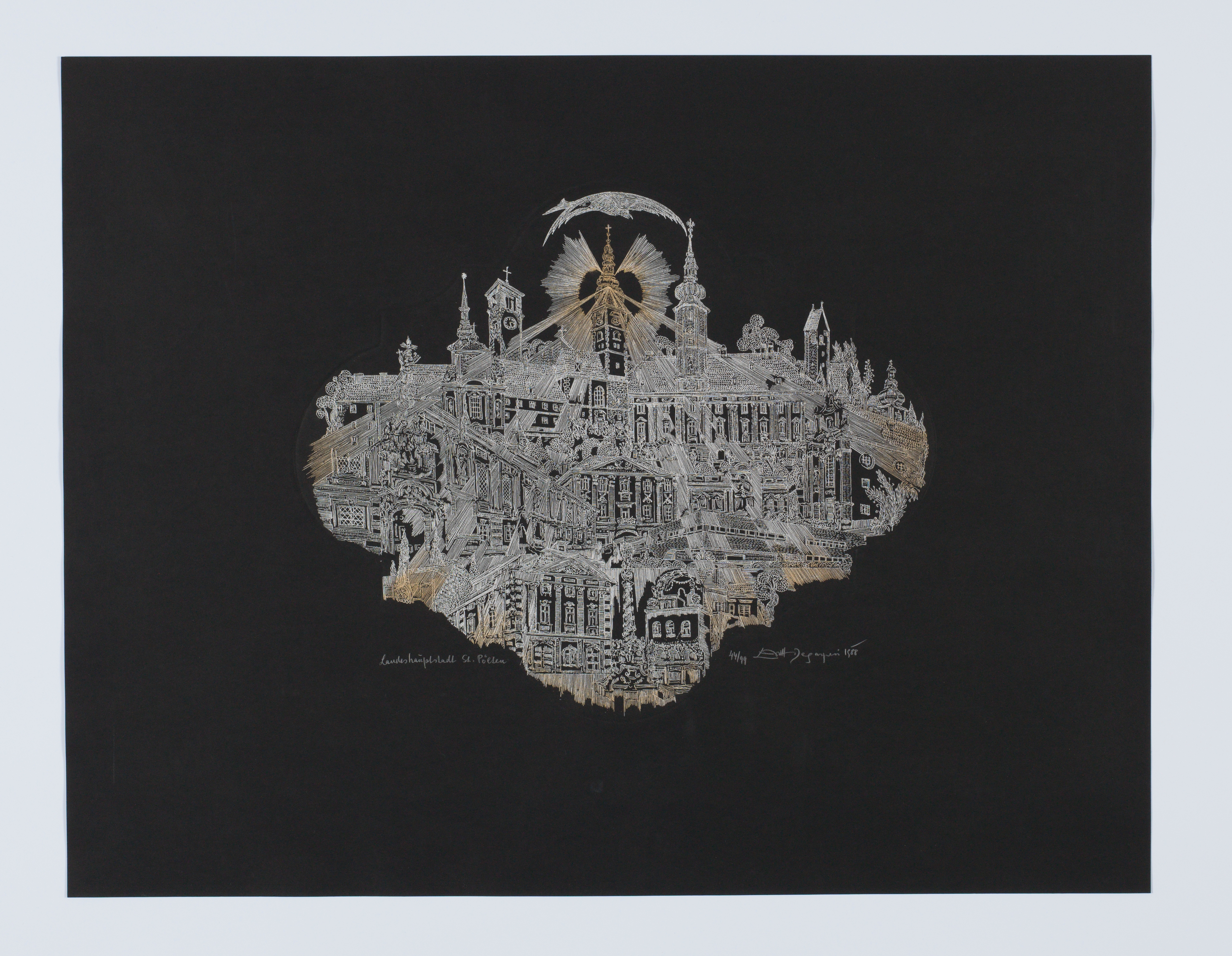 Artwork by Ernst Degasperi, „Landeshauptstadt St. Pölten“, Made of Etching on black paper