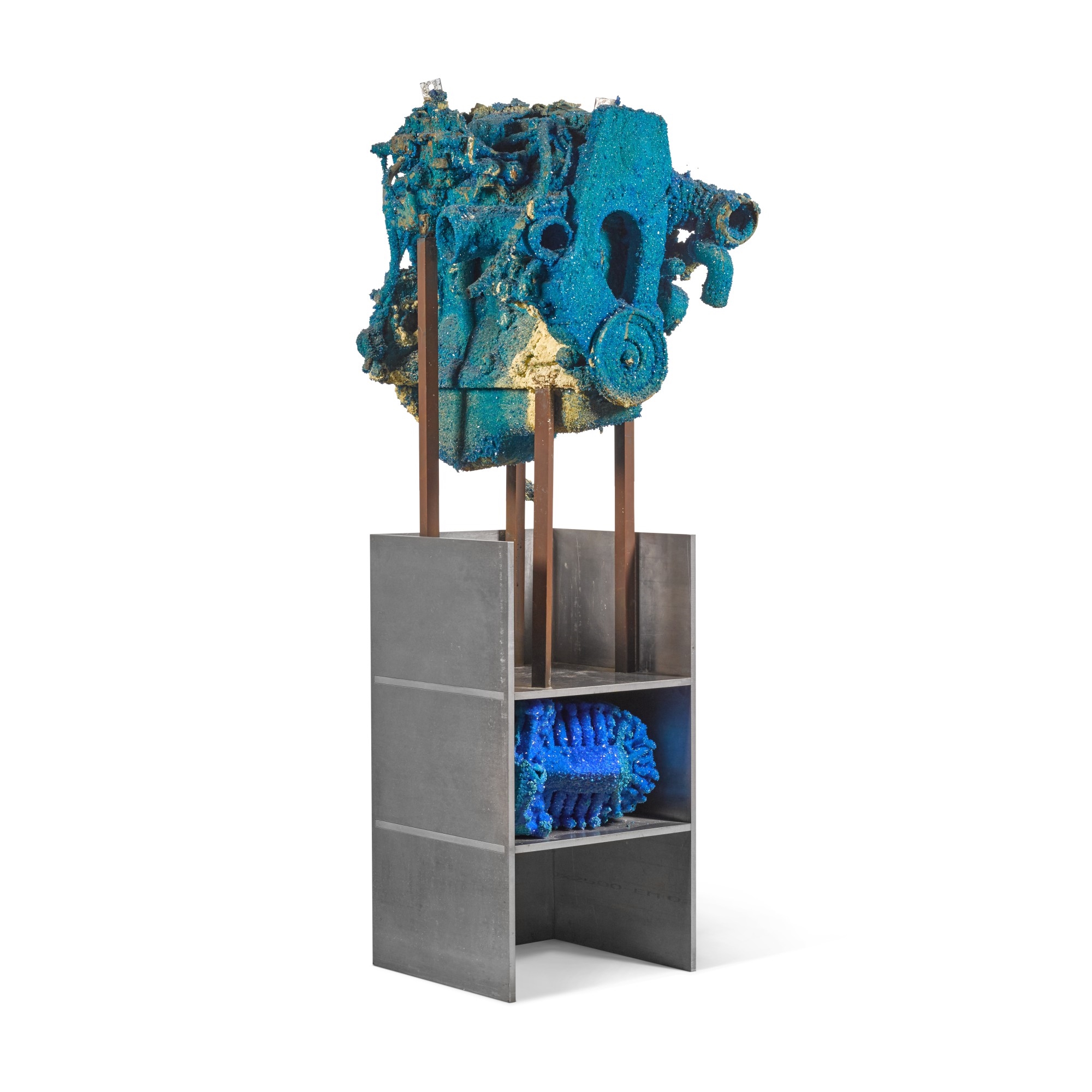Artwork by Roger Hiorns, Untitled, Made of engine with copper sulphate chemical growth and aluminium stand