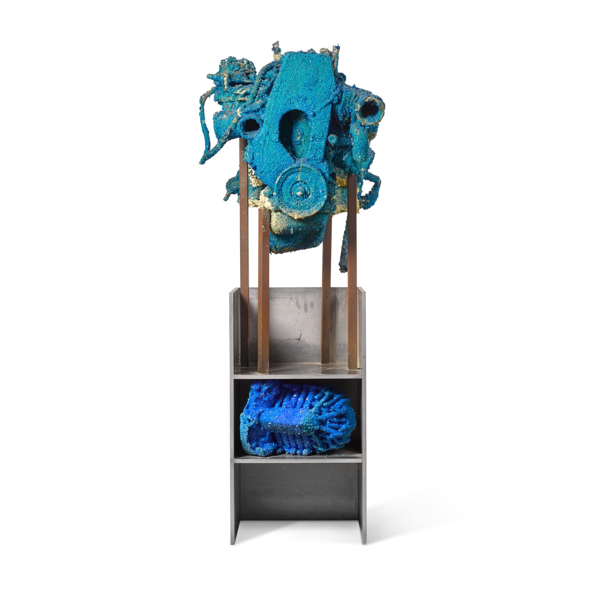 Artwork by Roger Hiorns, Untitled, Made of engine with copper sulphate chemical growth and aluminium stand