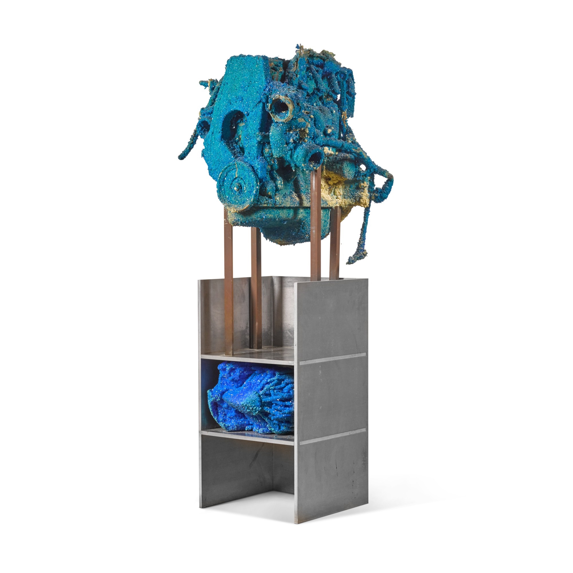 Artwork by Roger Hiorns, Untitled, Made of engine with copper sulphate chemical growth and aluminium stand