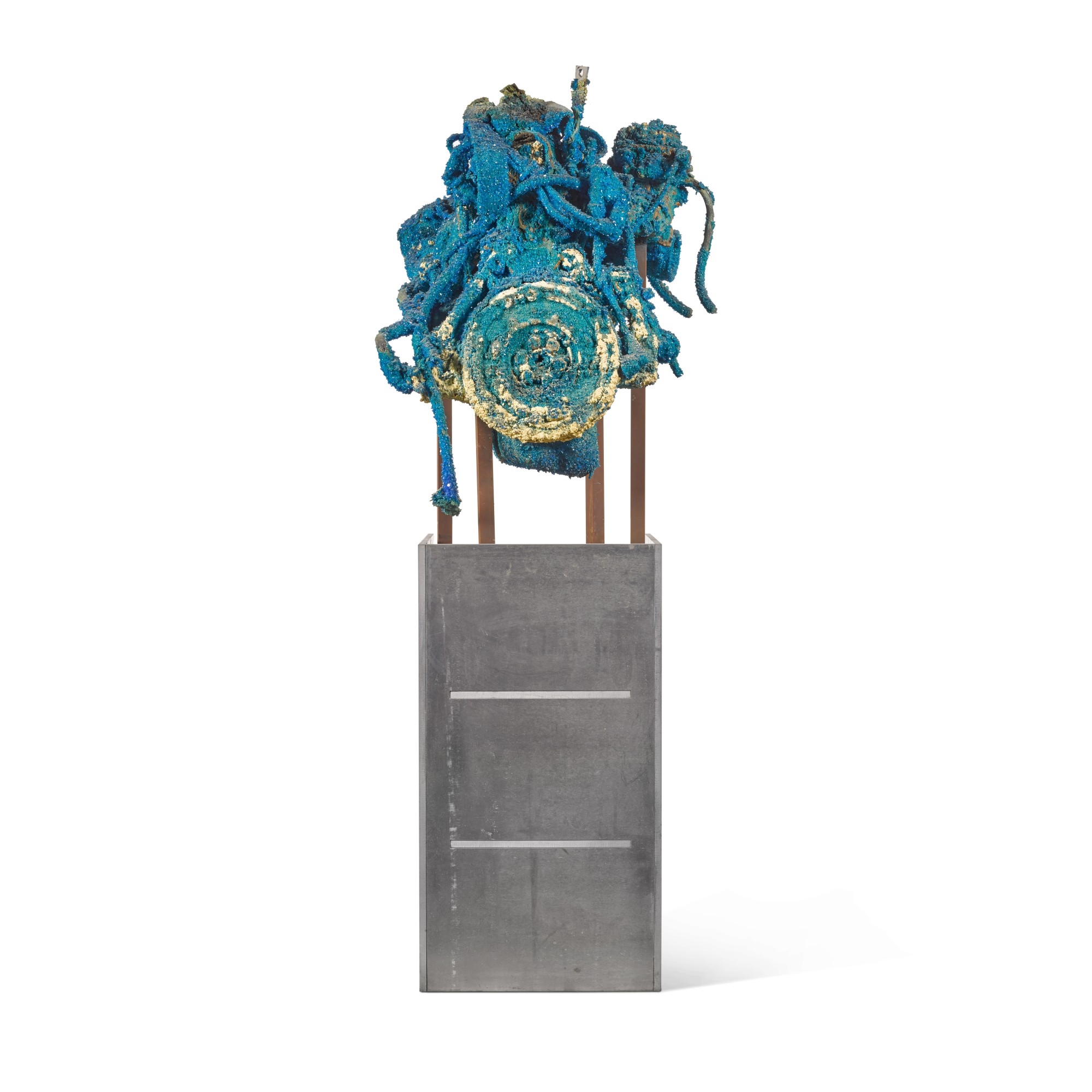 Artwork by Roger Hiorns, Untitled, Made of engine with copper sulphate chemical growth and aluminium stand