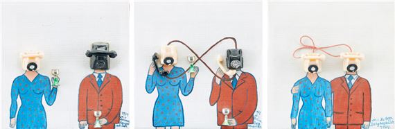 Lady telephone meets man-telephone I, II, III” - triptyk by Marie-Louise Ekman, 1974