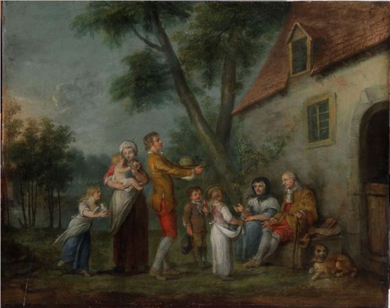 The delivery of the fruits by Louis-Joseph Watteau, French School, 18th Century