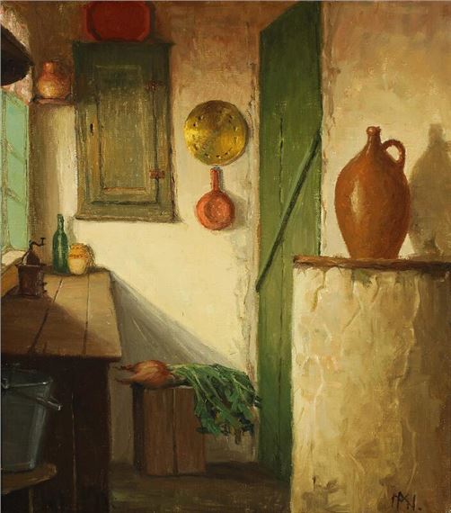 A sunlit kitchen interior by Marinus Nielsen