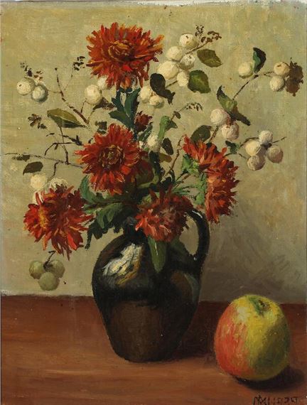 Still life with flowers and an apple by Marinus Nielsen, dated 1939