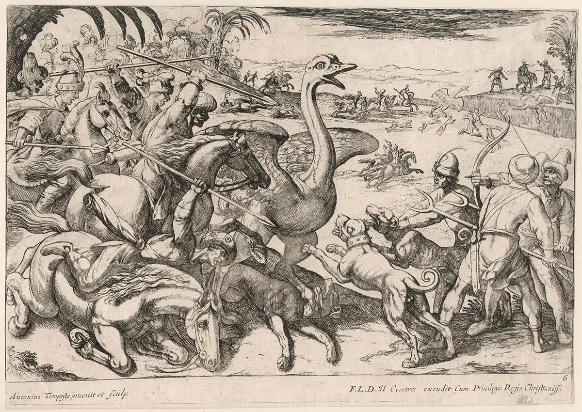 Artwork by Antonio Tempesta, Ostrich hunting, Made of Etching