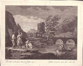 Landscape with bridge, tower and fishermen - Pellegrino dal Colle