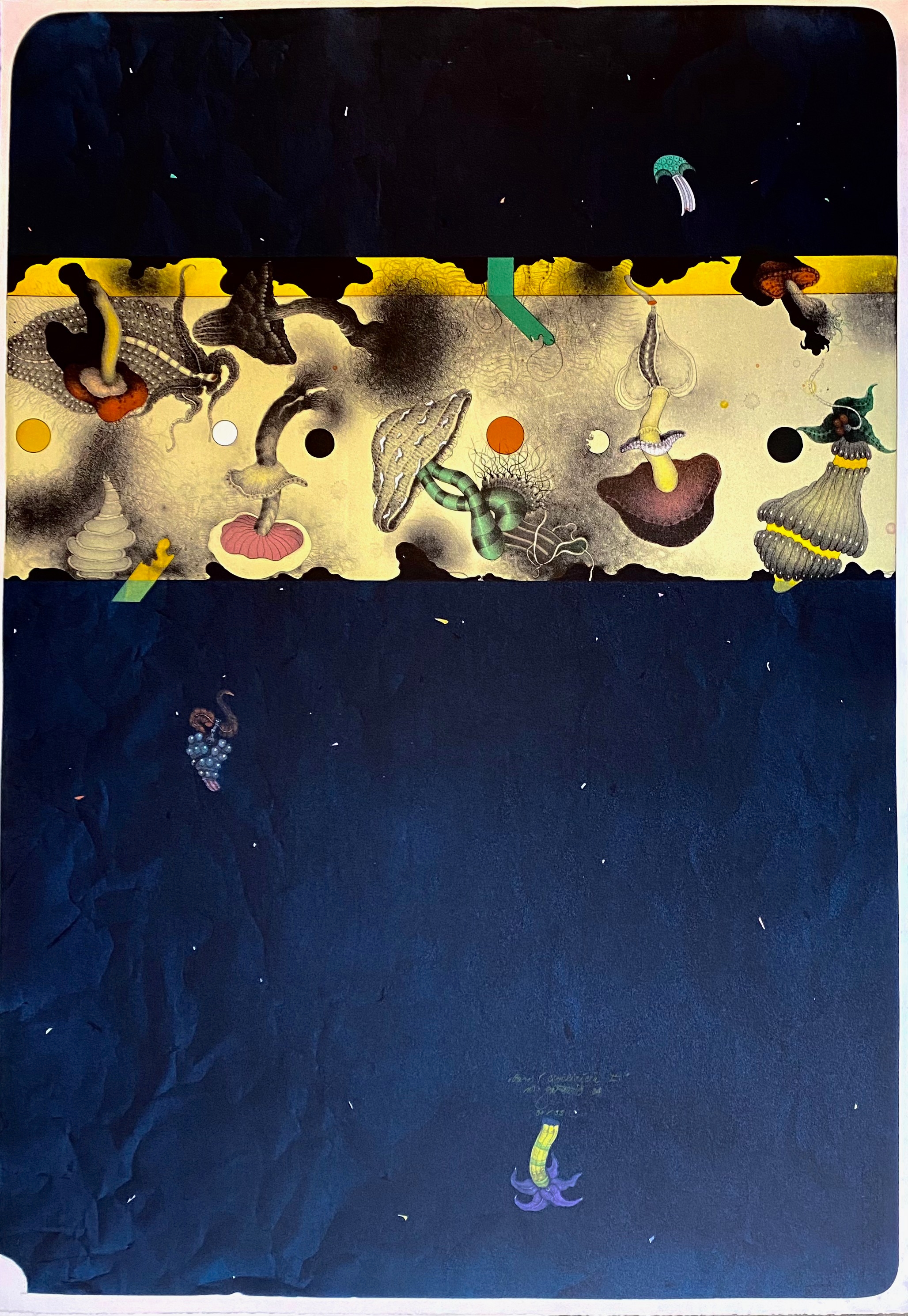 Artwork by Vladimír Gažovič, "Pozor, civilizácia II"; "Zátisie s oblúkom"; "Z velkého stola prírody"; "Adam a Eva"; "Akupunktúra sveta", Made of Coloured lithograph (5)