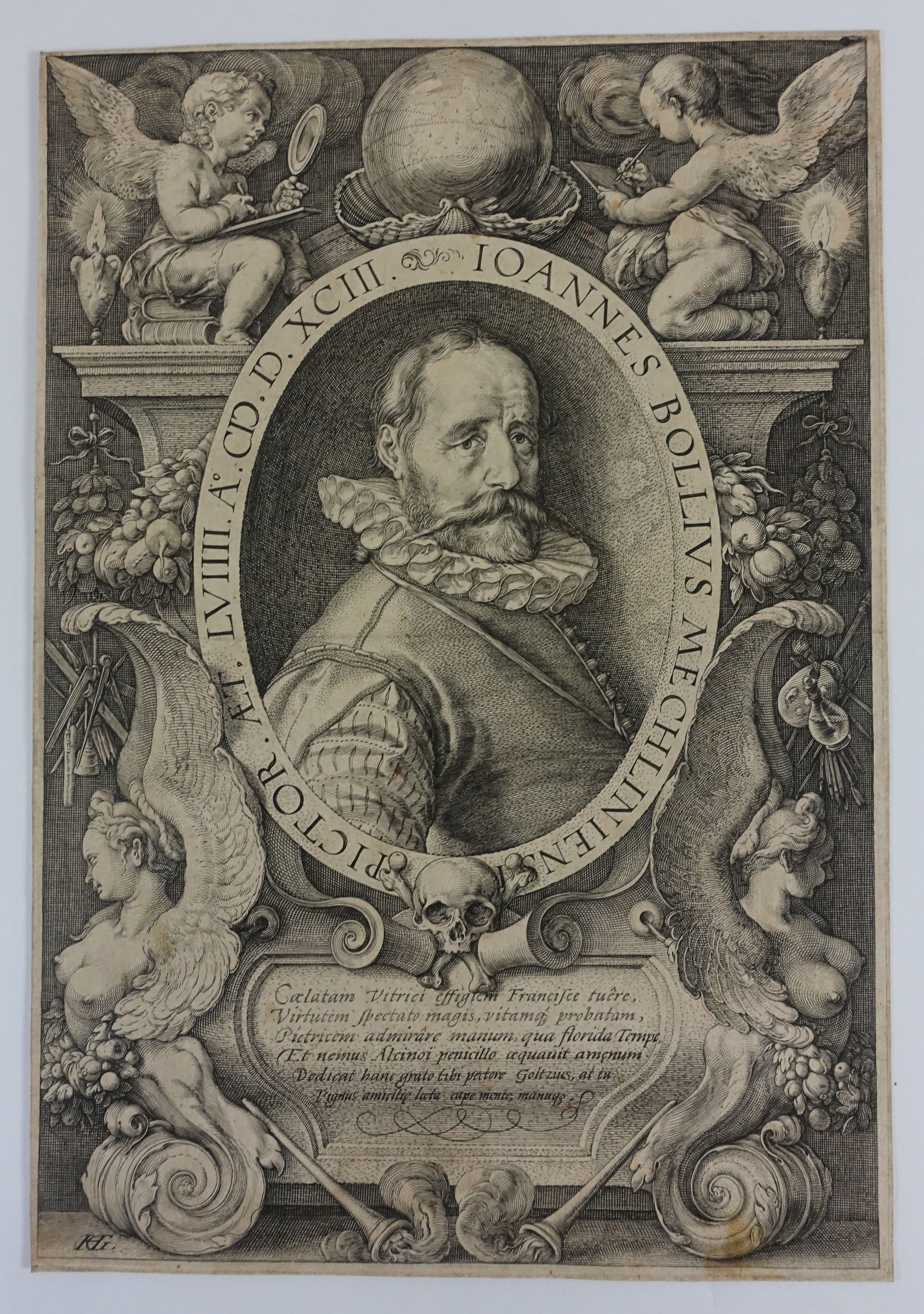 Artwork by Hendrick Goltzius, Ioannes Bollius Mechliniensi Pictor Æt. LVIII A° MDXCIII, Made of engraving