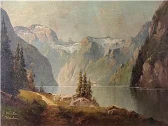 A serene landscape painting of a mountain lake nestled between towering cliffs.