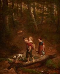 Trois enfants et leur chien franchissant un gué - Norbert Joseph Horgnies