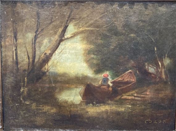 Jean Baptiste Camille Corot Pecheur En Barque Dans Un Paysage Mutualart