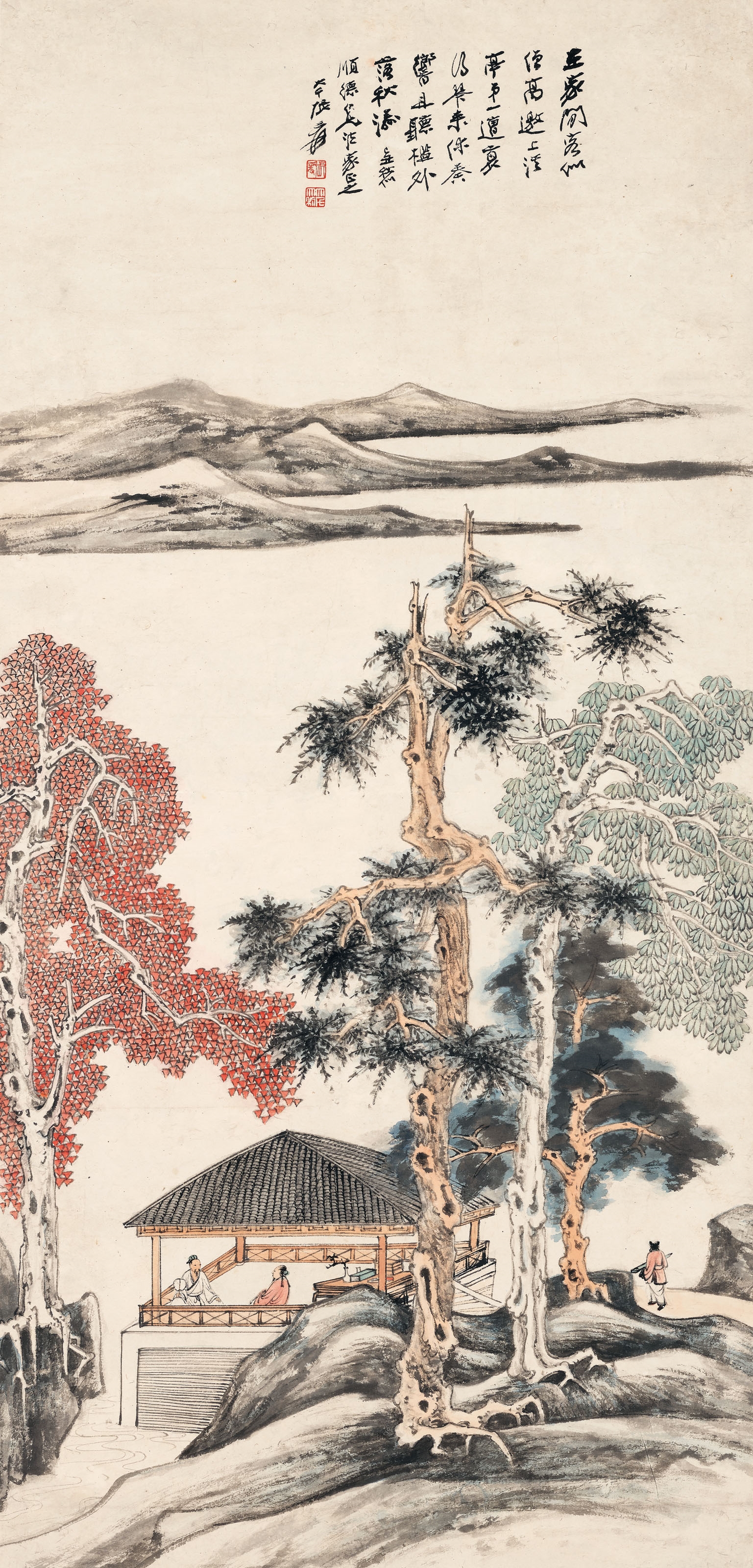 Artwork by Zhang Daqian, Scholars at Leisure, Made of Hanging scroll, ink and colour on paper