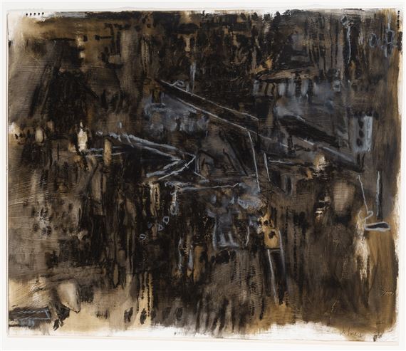 An abstract composition of dark, textured strokes in earthy tones.