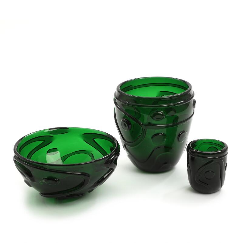 Artwork by Jacob Eiler Bang, Three green glass bowl with added thread, Made of green glass